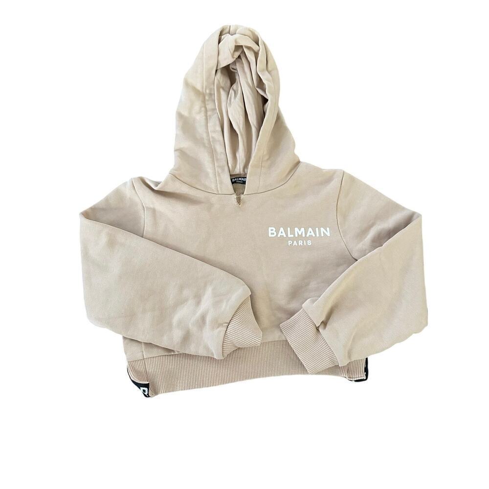 Balmain Girls' Tan 100% Cotton Logo Front Long Sleeves Cropped Hoodie Size 6